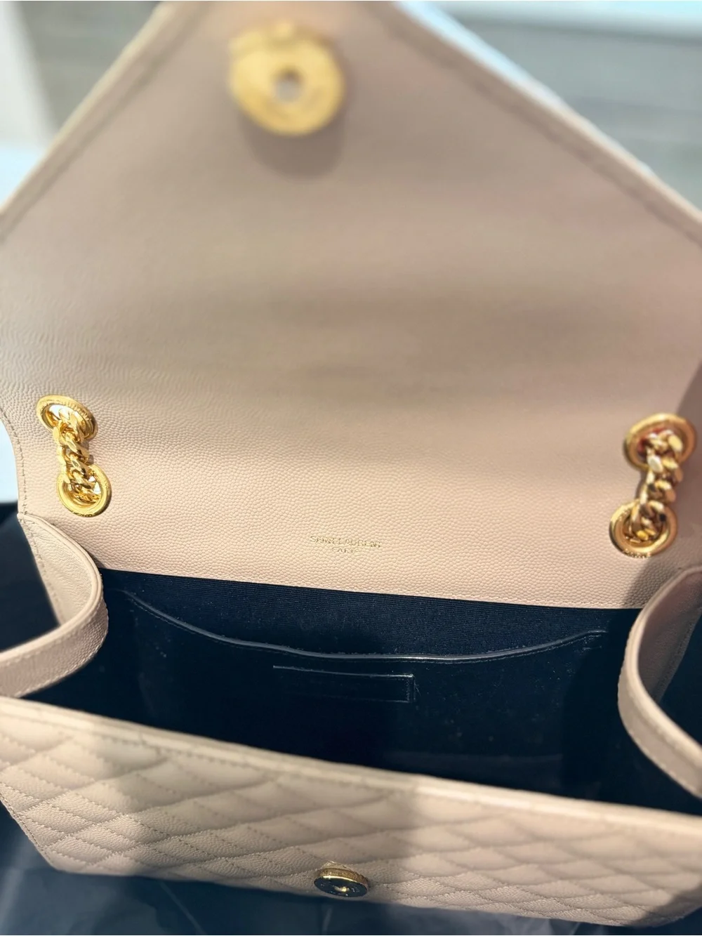 Saint Laurent Quilted Envelope Shoulder Bag in Beige with Gold Hardware